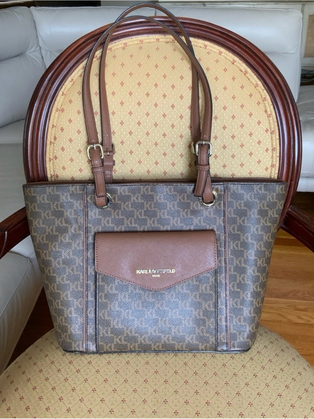 Karl Lagerfeld Brown Monogram Tote with Front Pocket